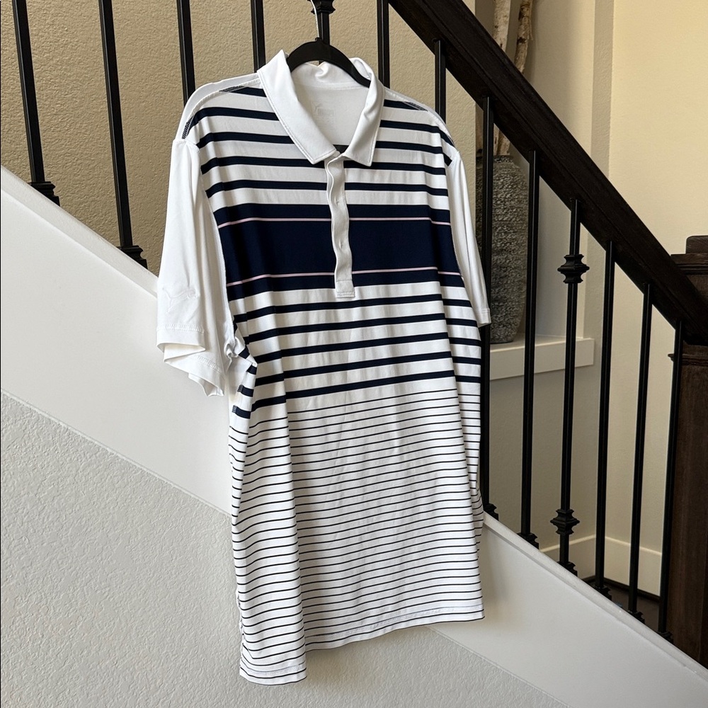 Puma Golf Striped Polo Shirt in Navy and White
